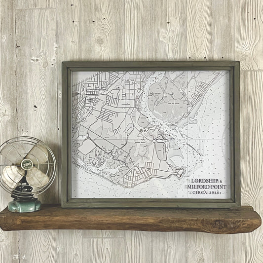 Mellow Monkey vintage nautical map of Lordship and Milford Point in an ash gray reclaimed wood shadowbox frame.