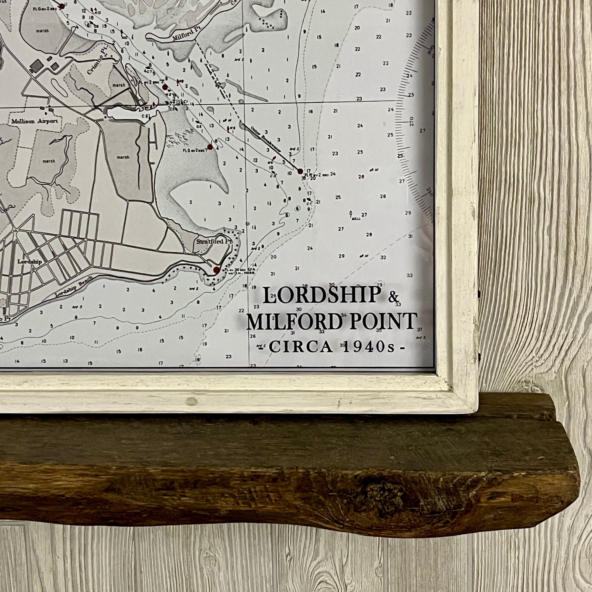 Mellow Monkey vintage nautical map of Lordship and Milford Point in a white reclaimed wood shadowbox frame.