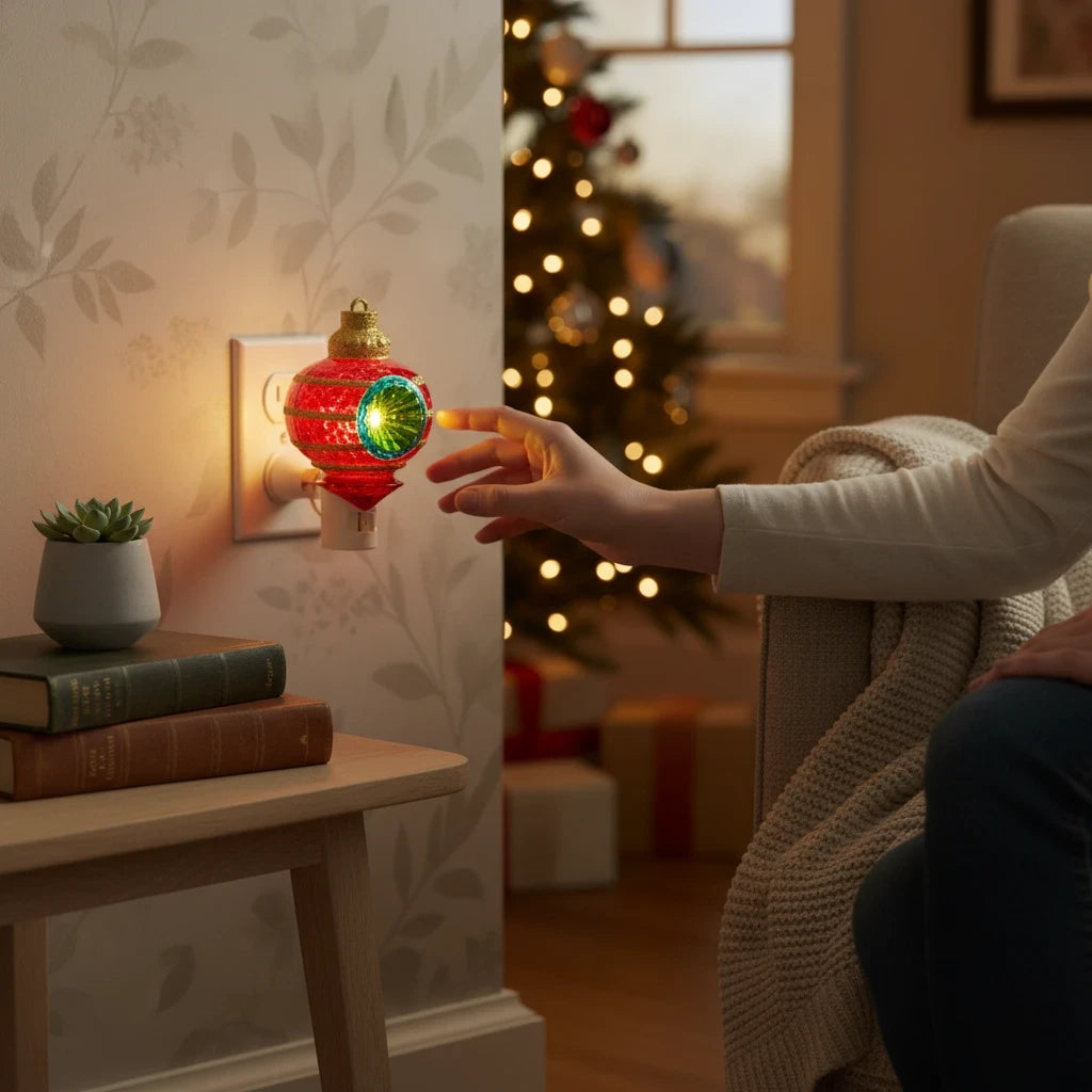Mellow Monkey vintage ornament night light with red and green glass glowing on a wall outlet in a cozy living room.