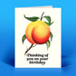 Mellow Monkey vintage-style birthday card featuring a cheeky peach illustration and Thinking of You text