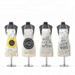 Mellow Monkey vintage-style khaki canvas aprons with four unique printed sayings and patterns on mannequin displays.