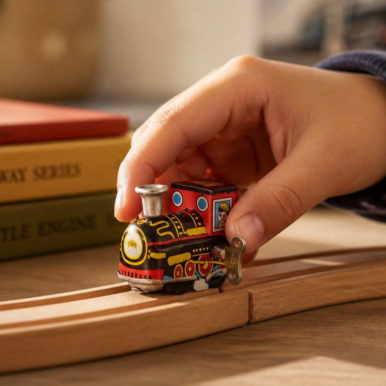 Mellow Monkey vintage style wind-up tin locomotive train toy on wooden tracks held by a child's hand