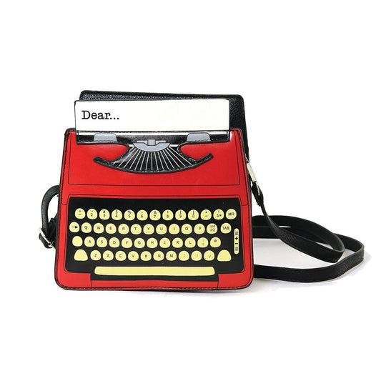 Mellow Monkey vintage typewriter vinyl satchel bag in red and black with an adjustable shoulder strap.