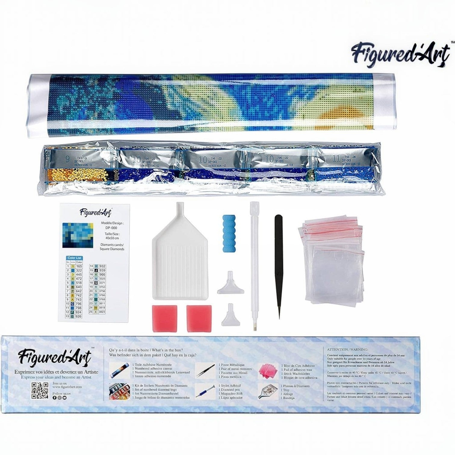 Mellow Monkey Blessed Virgin Mary diamond painting kit, 16"x20", includes applicator, tray, tweezers, and diamond bags.