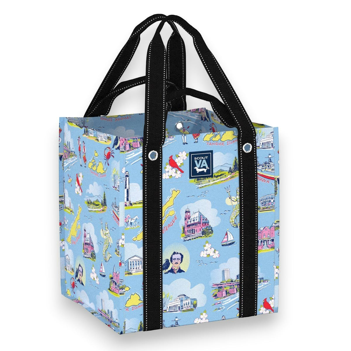 Mellow Monkey Virginia Bagette market tote with blue Virginia-themed print, square base, and dual black straps.