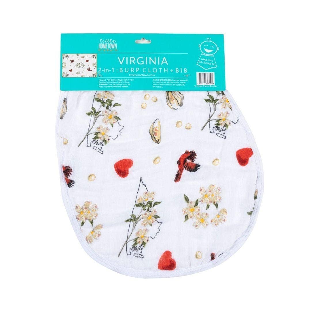 Mellow Monkey Virginia floral 2-in-1 bamboo rayon and cotton baby burp cloth and bib in white with red heart accents.