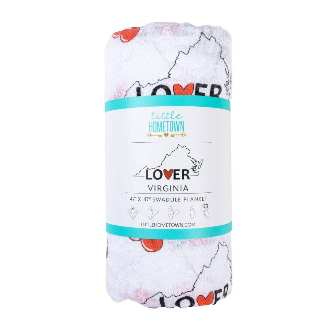 Mellow Monkey Virginia baby swaddle blanket in soft muslin bamboo and organic cotton with state map print.