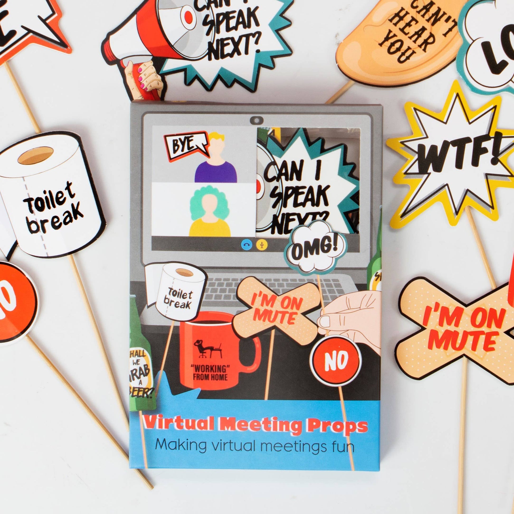 Mellow Monkey virtual meeting photo props with 14 humorous handheld signs for funny Zoom conference call interactions.