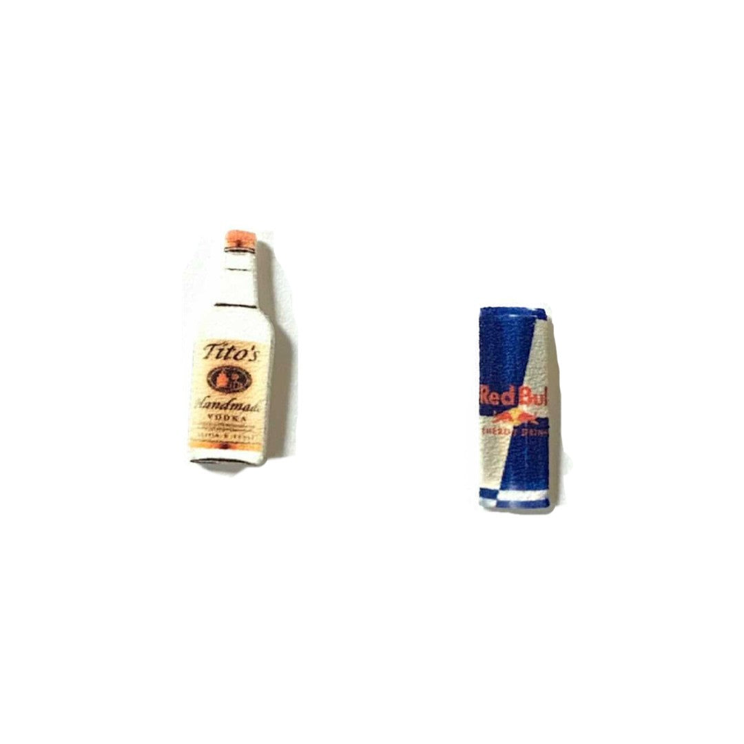 Mellow Monkey handmade stud earrings featuring a miniature vodka bottle and an energy drink can design.