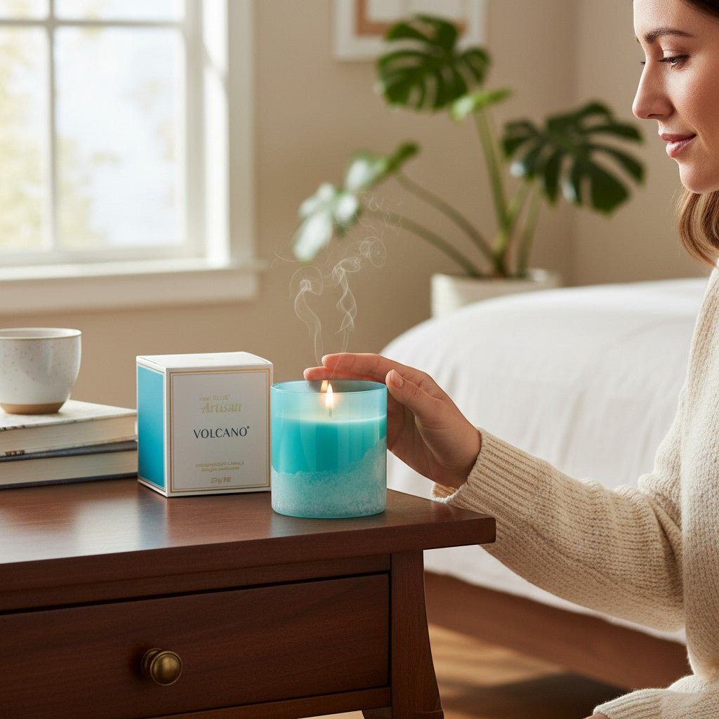 Mellow Monkey Volcano Artisan candle in a turquoise sea glass finish jar with a lit flame and smoke, next to its box.