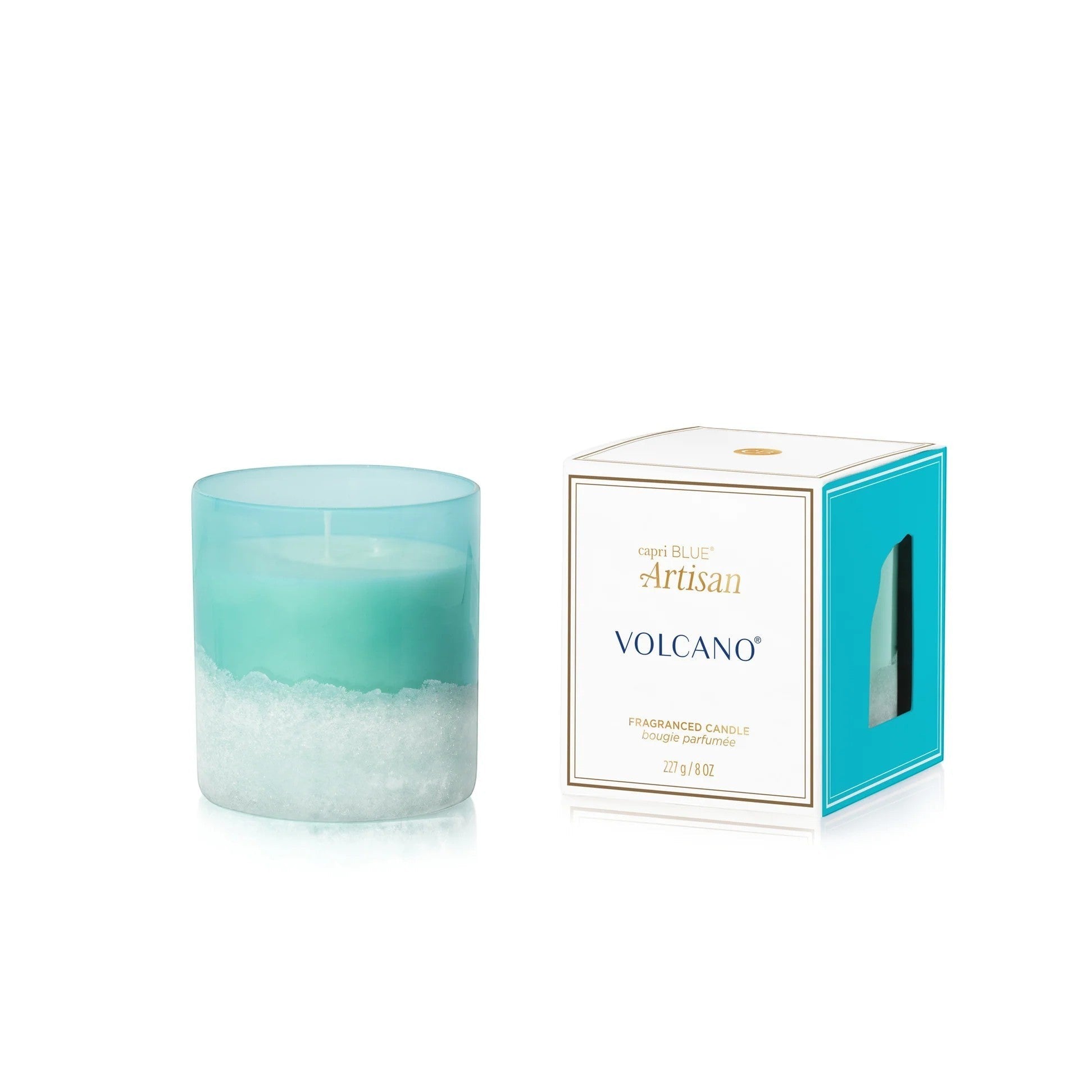 Mellow Monkey Volcano Artisan candle in a turquoise jar with sea glass finish and soy wax blend. Includes box.