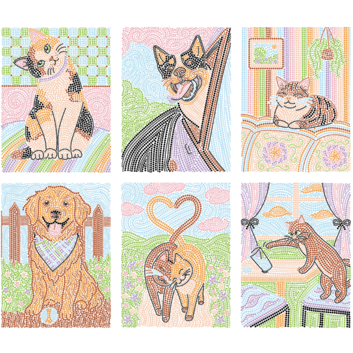 Mellow Monkey Wags & Whiskers FlowArt Dot By Letter set featuring six colorful mosaic-style pet scenes to dot.