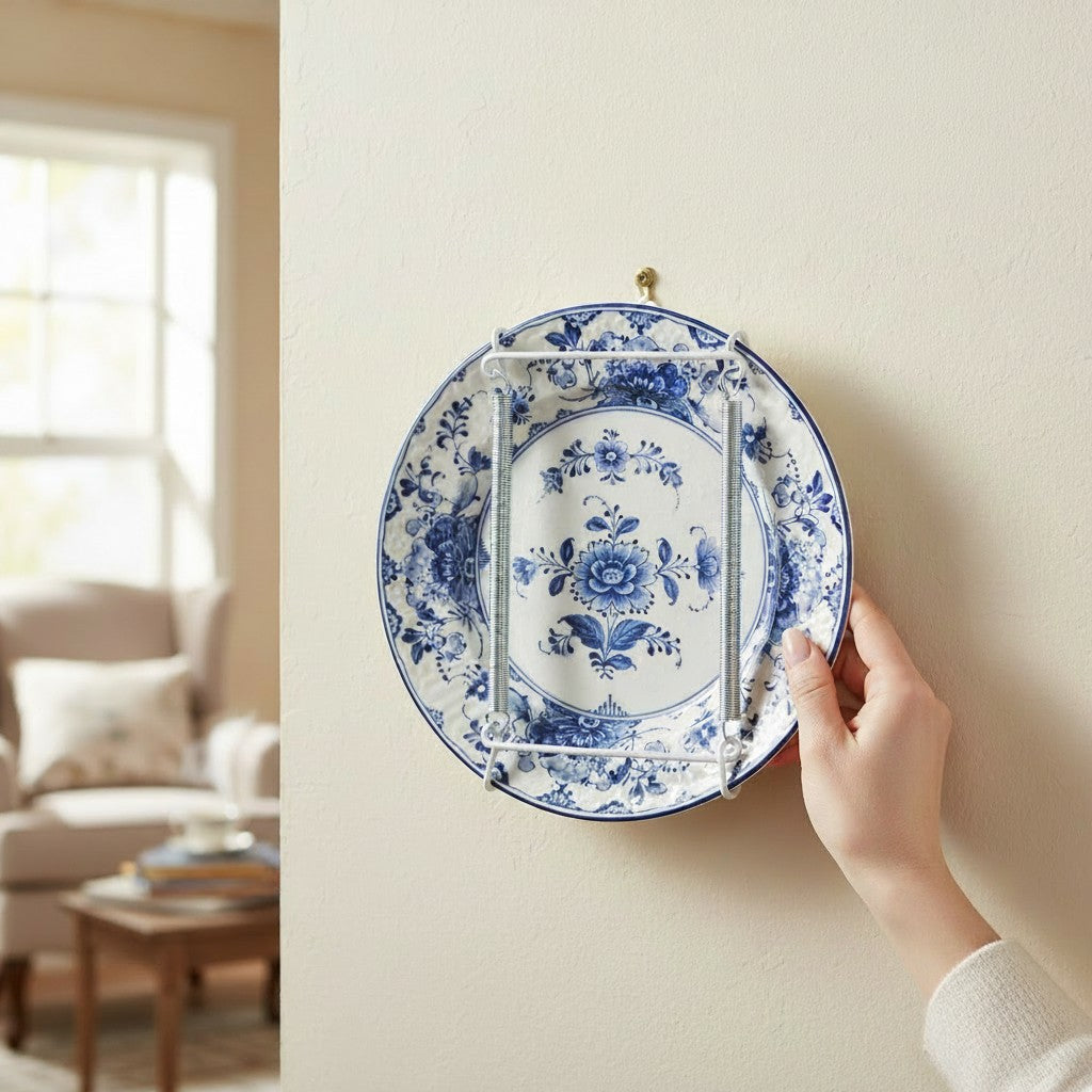 Mellow Monkey wall mount plate hanger holding a decorative blue and white floral plate on a beige wall.