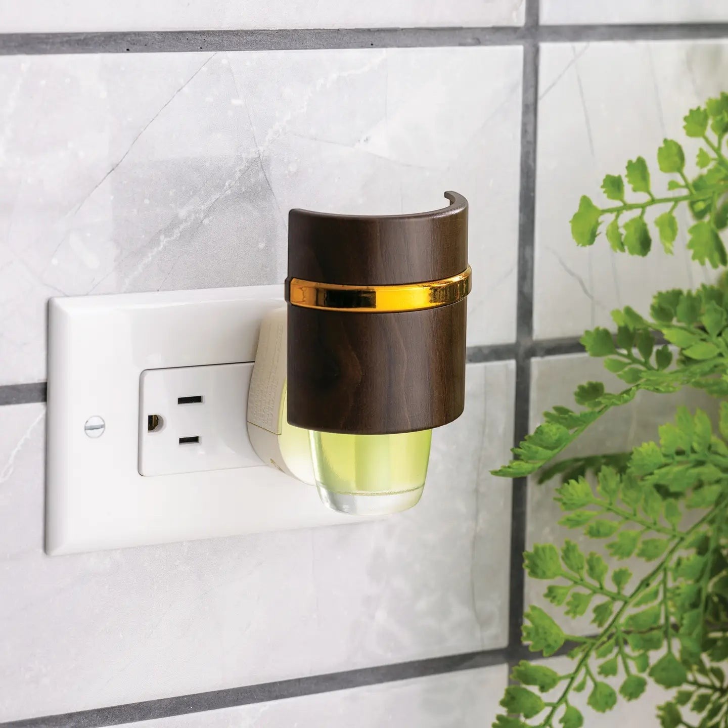 Mellow Monkey Walnut WallScents fragrance warmer plugged into a wall outlet with a gold accent band