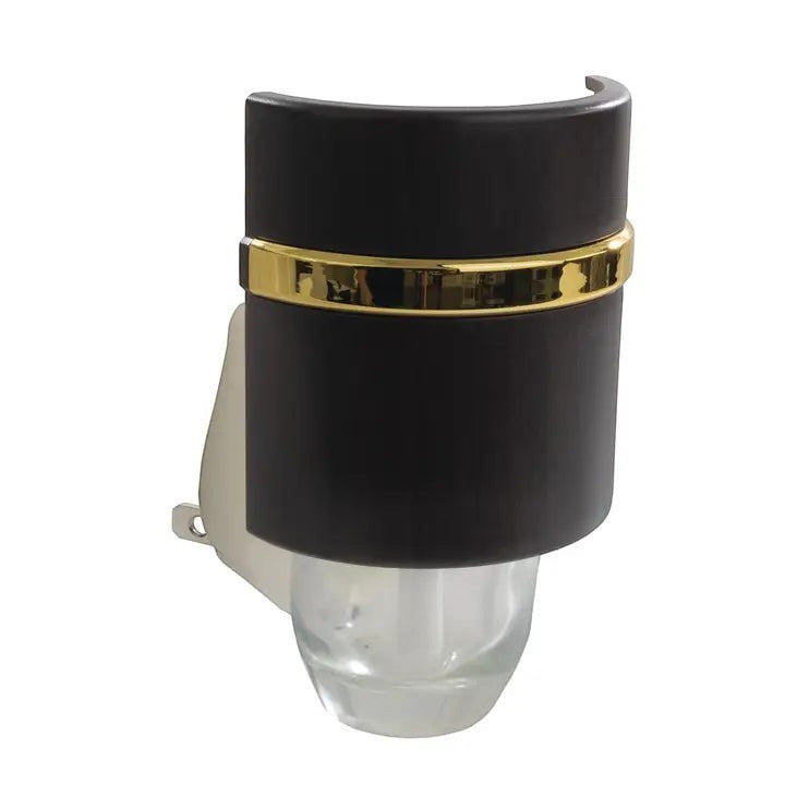 Mellow Monkey Walnut WallScents fragrance warmer featuring a dark wood finish, gold band, and clear oil reservoir.