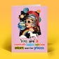 Mellow Monkey funny birthday card featuring a retro collage of a warrior princess with a unicorn and cosmic elements.