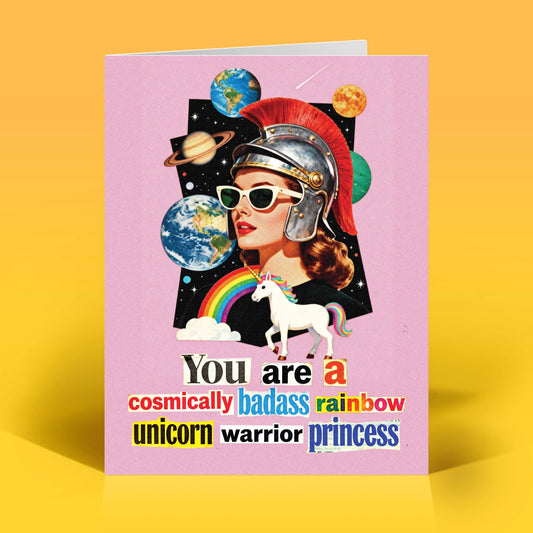 Mellow Monkey funny birthday card featuring a retro collage of a warrior princess with a unicorn and cosmic elements.