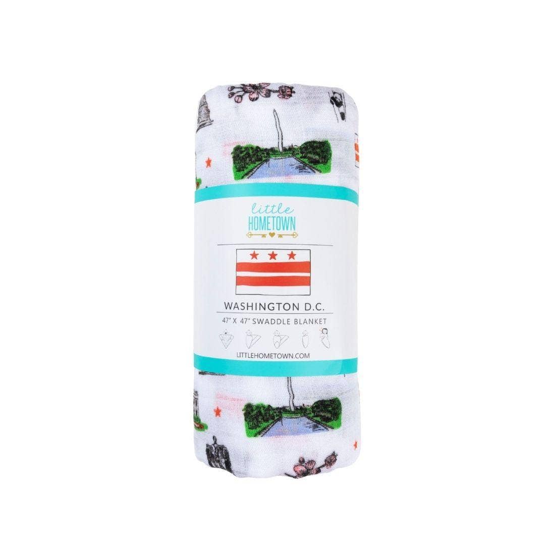 Mellow Monkey Washington DC print muslin baby swaddle blanket featuring cherry blossoms and monuments