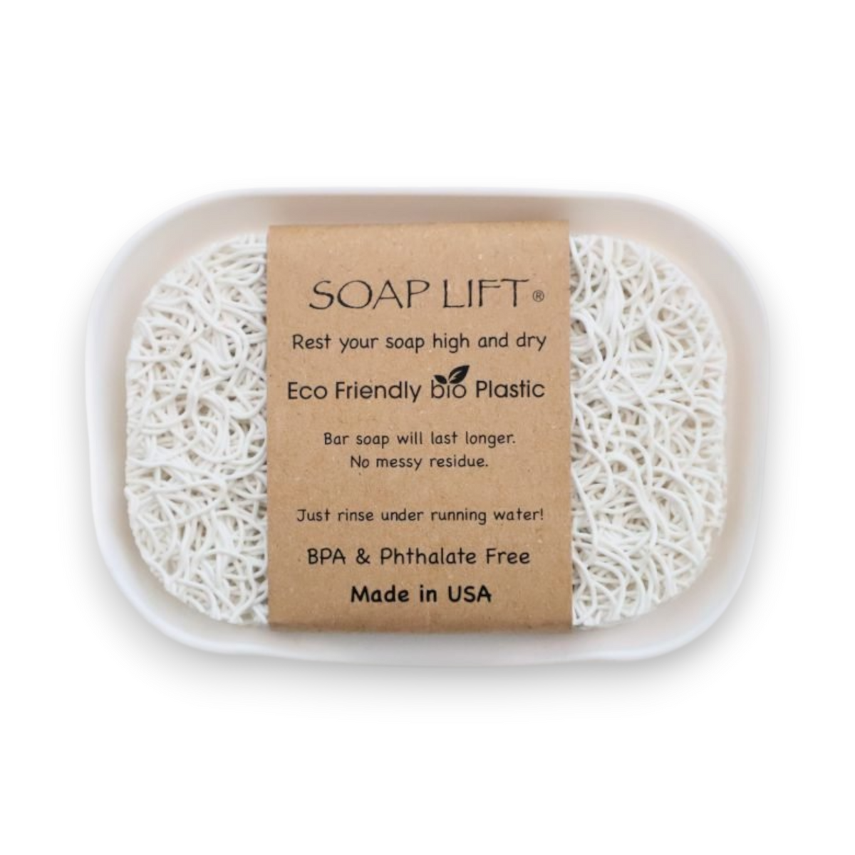 Mellow Monkey white waterfall soap dish with a Soap Lift bioplastic draining pad for bar soap