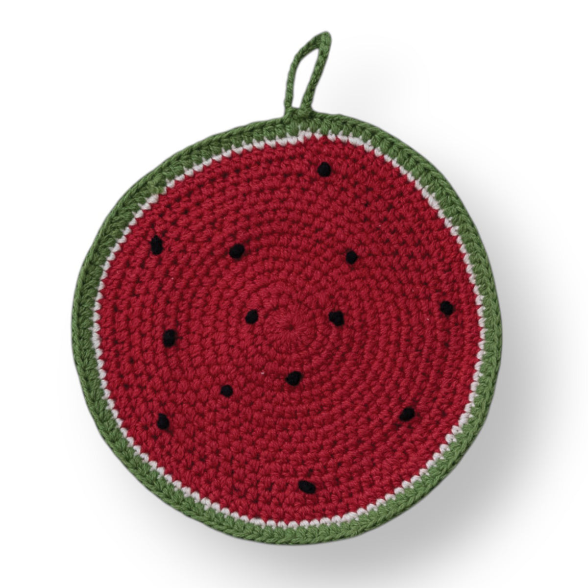 Mellow Monkey round watermelon shaped cotton crocheted pot holder with red, white, and green yarn and black seeds.