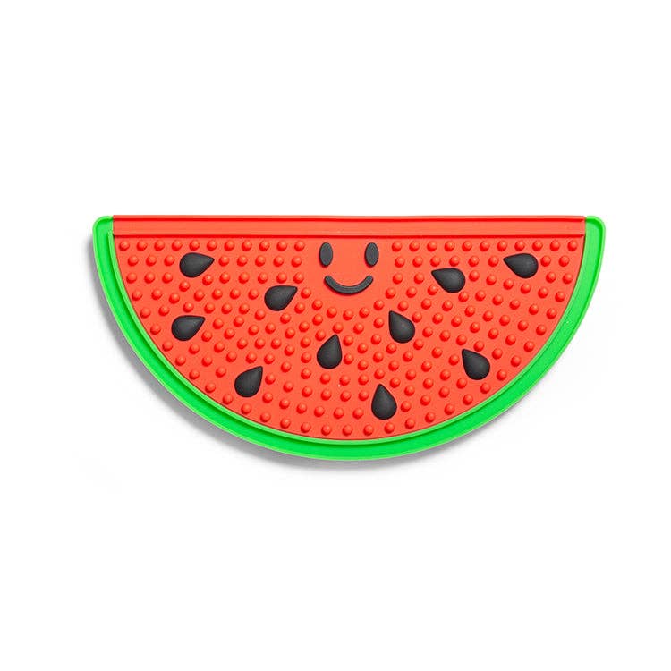 Mellow Monkey Kobe watermelon-shaped silicone lick mat for dogs with a textured surface and cute smiley face design.
