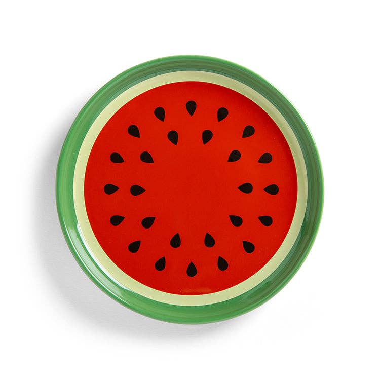Mellow Monkey round porcelain watermelon trinket tray with red center, black seeds, and green rind border.