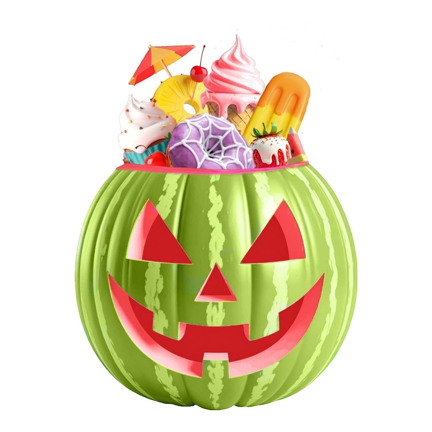 Mellow Monkey Watermelon Pumpkin with candy, ice cream, donut, and umbrella decor. A unique blend of summer and Halloween.