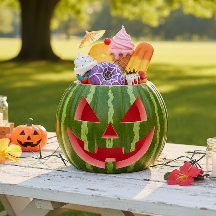 Mellow Monkey Watermelon Pumpkin with candy and ice cream, carved jack o' lantern face, summerween decor