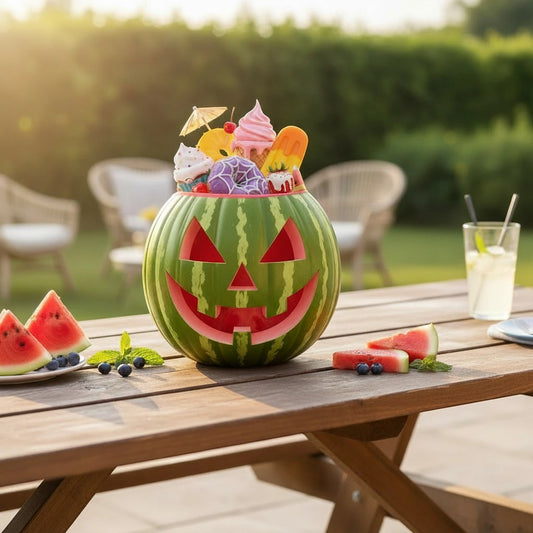 Mellow Monkey 17-inch watermelon pumpkin with carved jack-o-lantern face, filled with ice cream and candy.