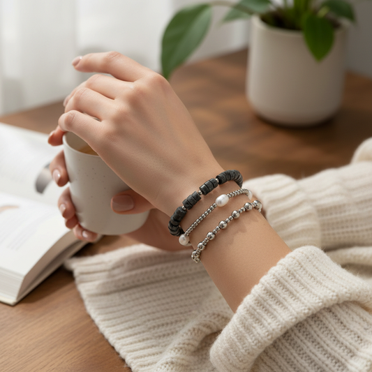 Mellow Monkey waterproof silver pearl and beaded bracelet set worn on a woman's wrist while holding a coffee mug.