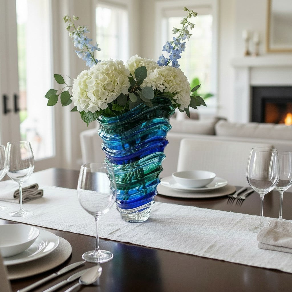 Mellow Monkey Wave Venetian crystal glass vase in aqua with blue and green swirls, 12-in