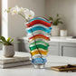Mellow Monkey Wave Venetian crystal glass vase, 12-in, hand-painted with multi-colored wavy stripes of red, blue, green, yellow, and clear.