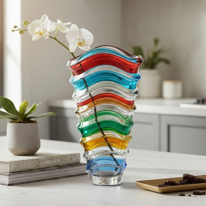 Mellow Monkey Wave Venetian crystal glass vase, 12-in, hand-painted with multi-colored wavy stripes of red, blue, green, yellow, and clear.