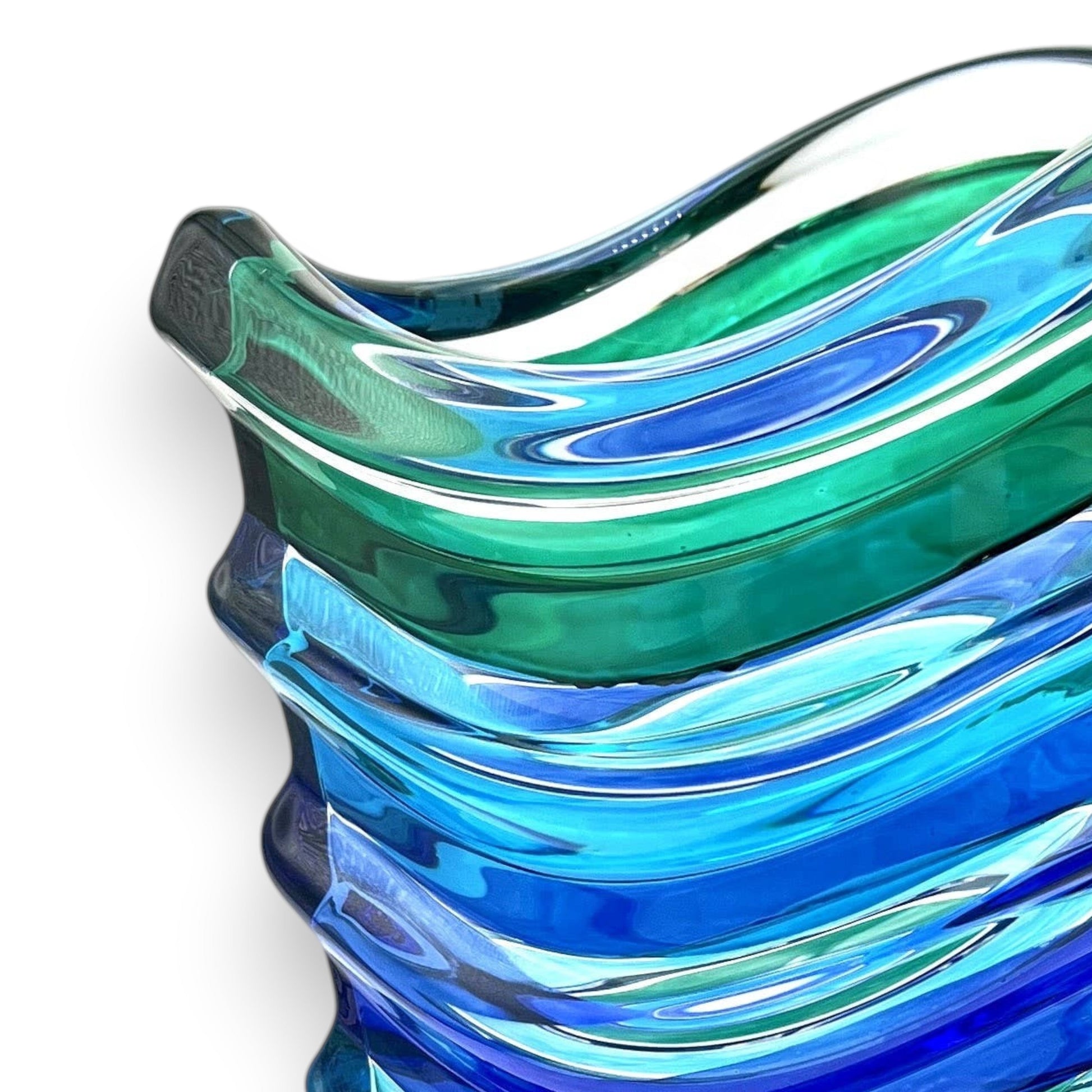 Mellow Monkey Wave Venetian Crystal Glass Vase in aqua, 12-in. Hand-painted glass with blue and green wave design.
