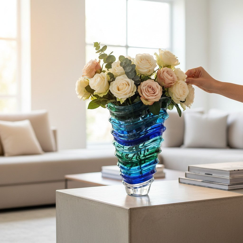 Mellow Monkey Wave Venetian Crystal Glass Vase in aqua, 12-inch, hand-painted with blue and green wave design.