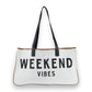 Mellow Monkey white canvas tote bag with black "WEEKEND VIBES" lettering and brown trim.