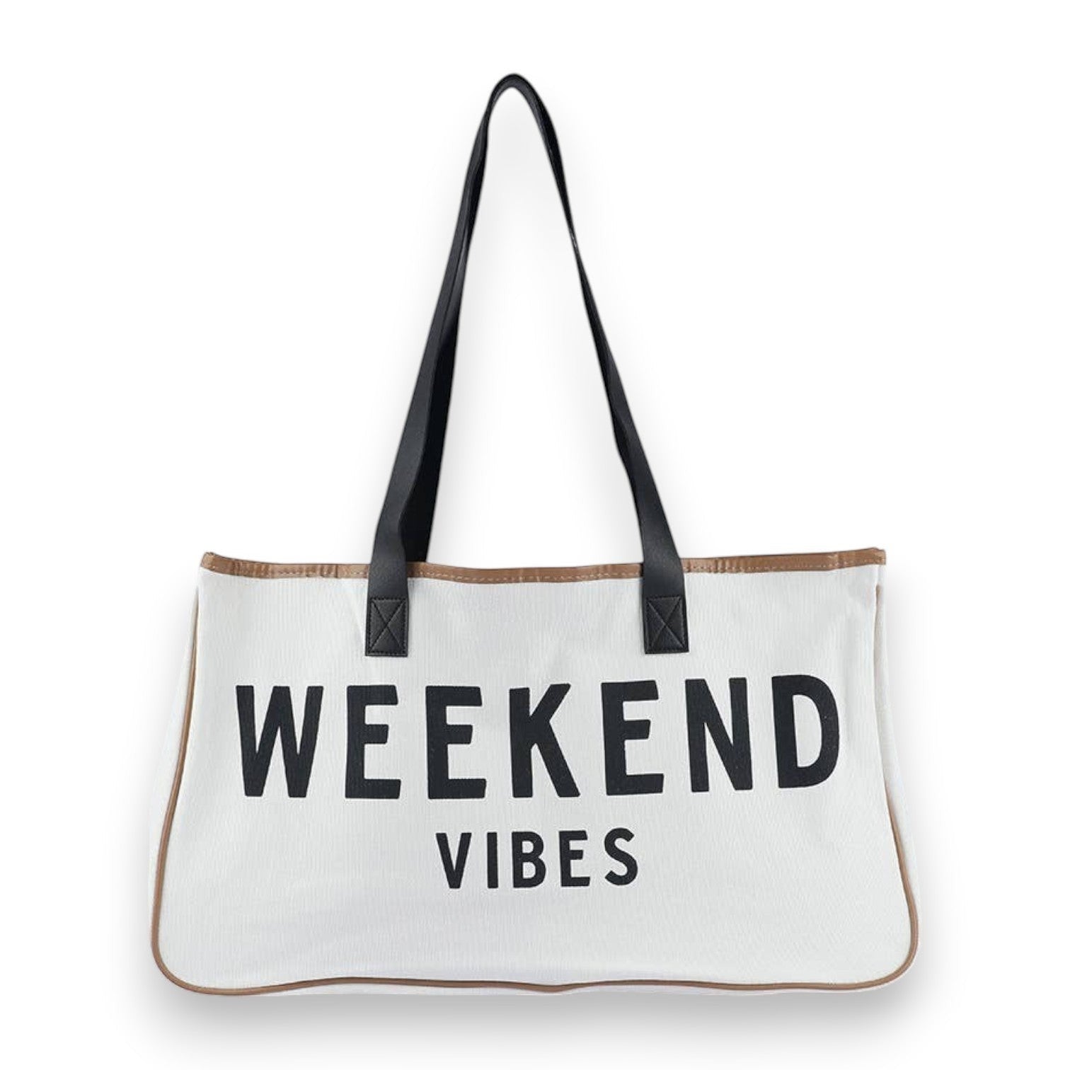 Mellow Monkey white canvas tote bag with black "WEEKEND VIBES" lettering and brown trim.