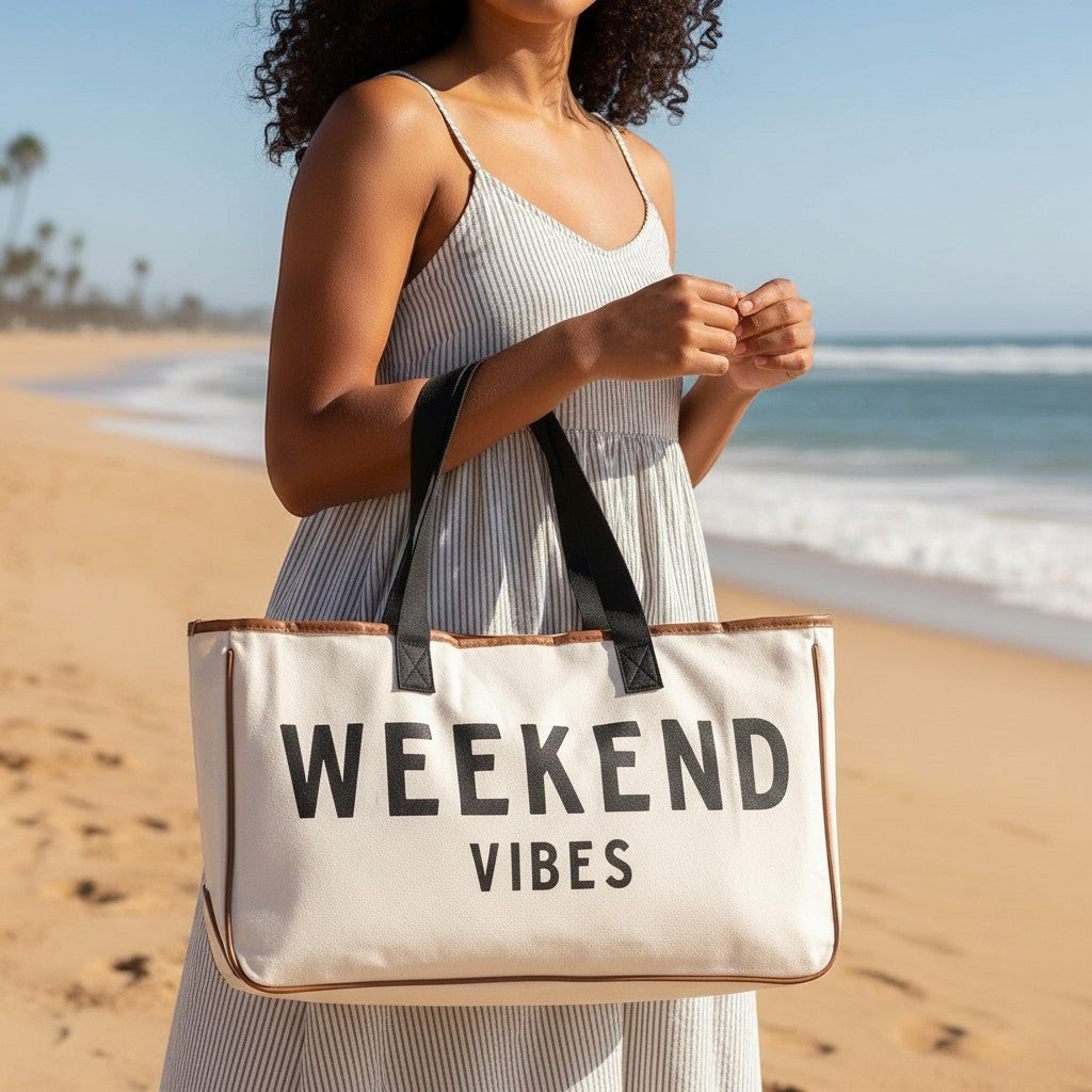 Mellow Monkey white canvas tote bag with black "Weekend Vibes" lettering, perfect for beach trips or errands.