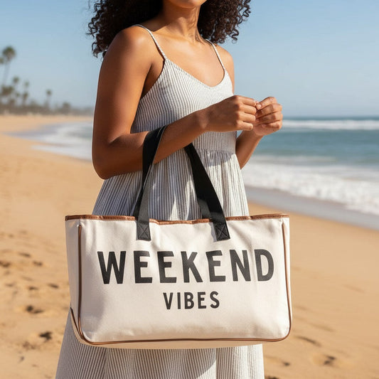 Mellow Monkey white canvas tote bag with black "Weekend Vibes" lettering, perfect for beach trips or errands.