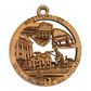Mellow Monkey 4-inch round wooden ornament featuring laser-cut Westport CT landmarks and the text Will Always Be Home