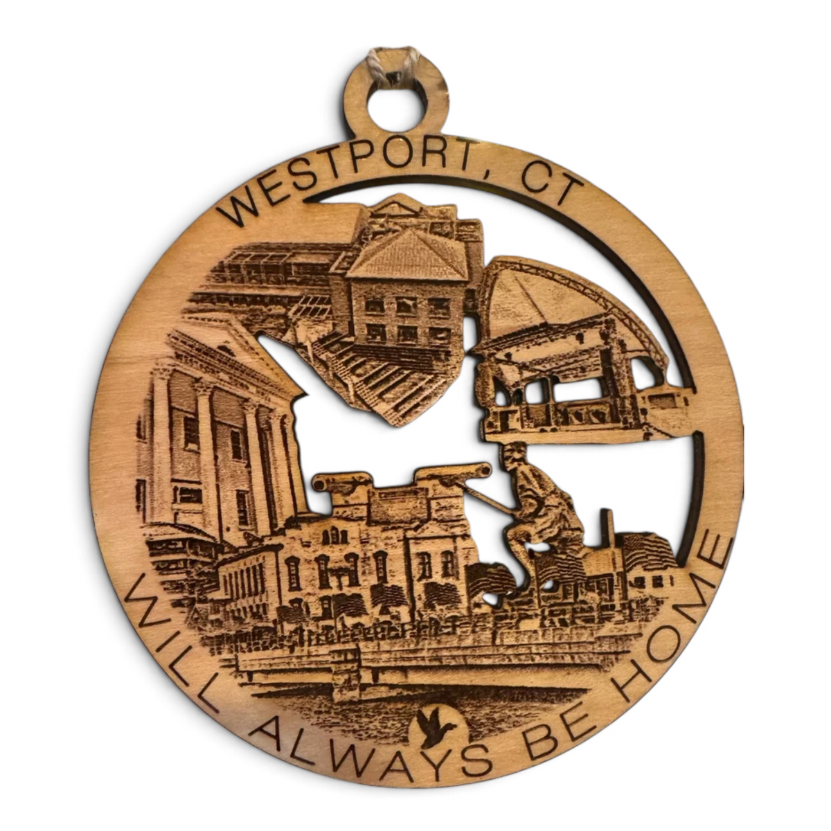 Mellow Monkey 4-inch round wooden ornament featuring laser-cut Westport CT landmarks and the text Will Always Be Home