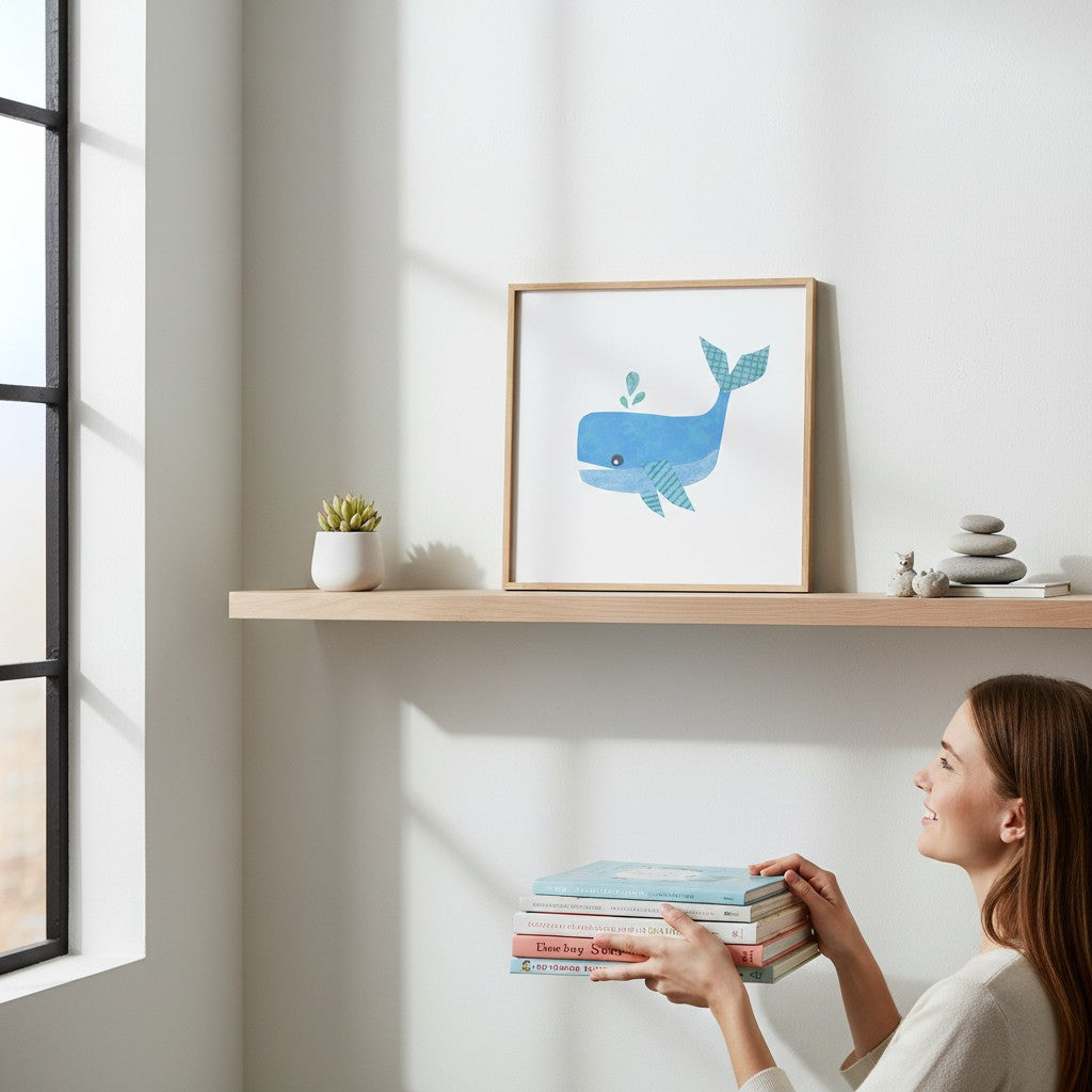 Mellow Monkey blue whale framed art print with a wood frame and plexiglass. Features original artwork by Kim Dettmer.