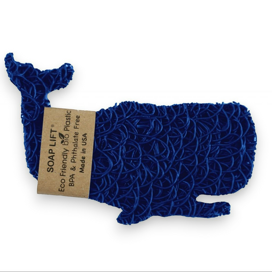 Mellow Monkey whale-shaped blue bioplastic soap lift for draining bar soap in shower or on counter