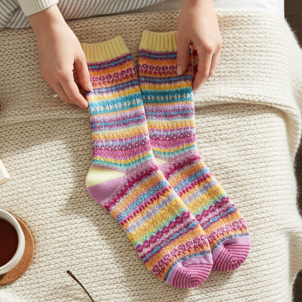 Mellow Monkey Nordic Crew socks featuring a colorful striped pattern on a cozy bed with a book and tea