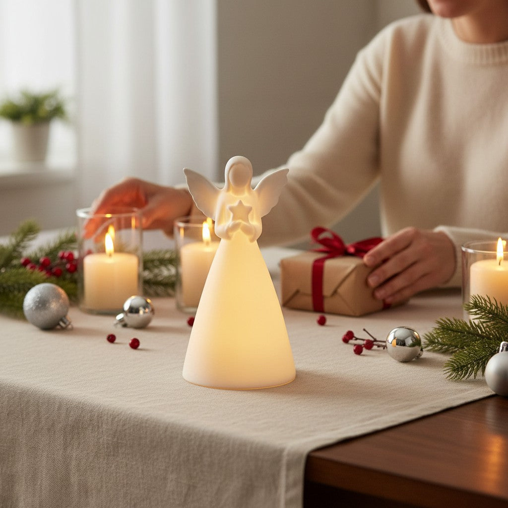 Mellow Monkey white ceramic angel LED decor holding a star on a festive table with candles and holiday greenery