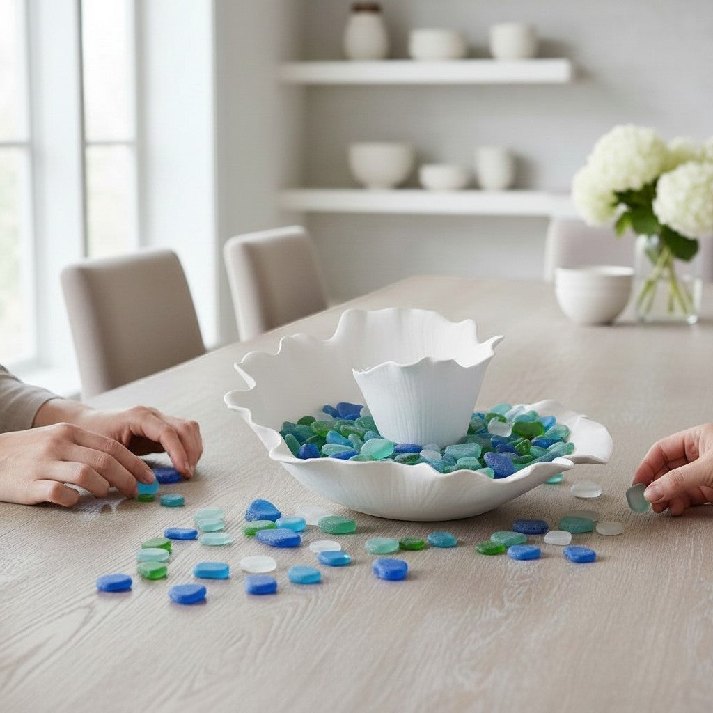 Mellow Monkey Oceana handmade white ceramic centerpiece with petal-like edges, holding a smaller white bowl filled with blue and green glass pieces.