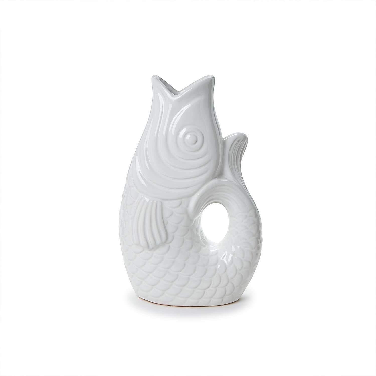 Mellow Monkey white ceramic fish vase, 12-inch, handcrafted with detailed scales and fins, ideal for flowers.
