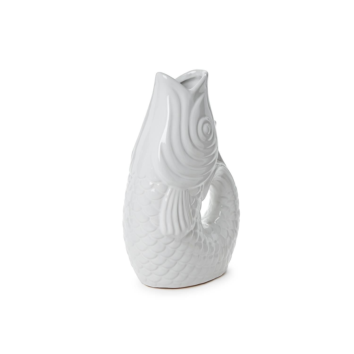 Mellow Monkey white ceramic fish vase, 12-inch, handcrafted with detailed scales and fins, ideal for flowers.