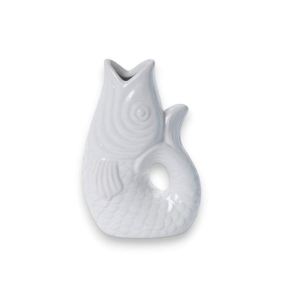 Mellow Monkey small white ceramic fish vase, 8-inch, handcrafted with a whimsical design, perfect for small spaces.