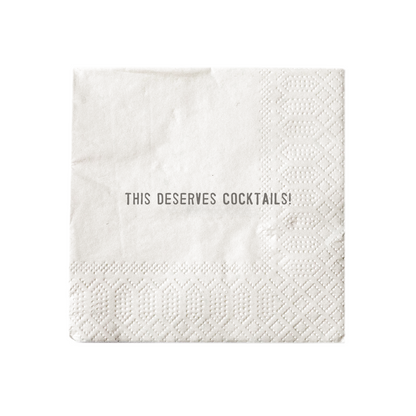 Mellow Monkey white paper cocktail napkin featuring the quote This deserves cocktails in black text